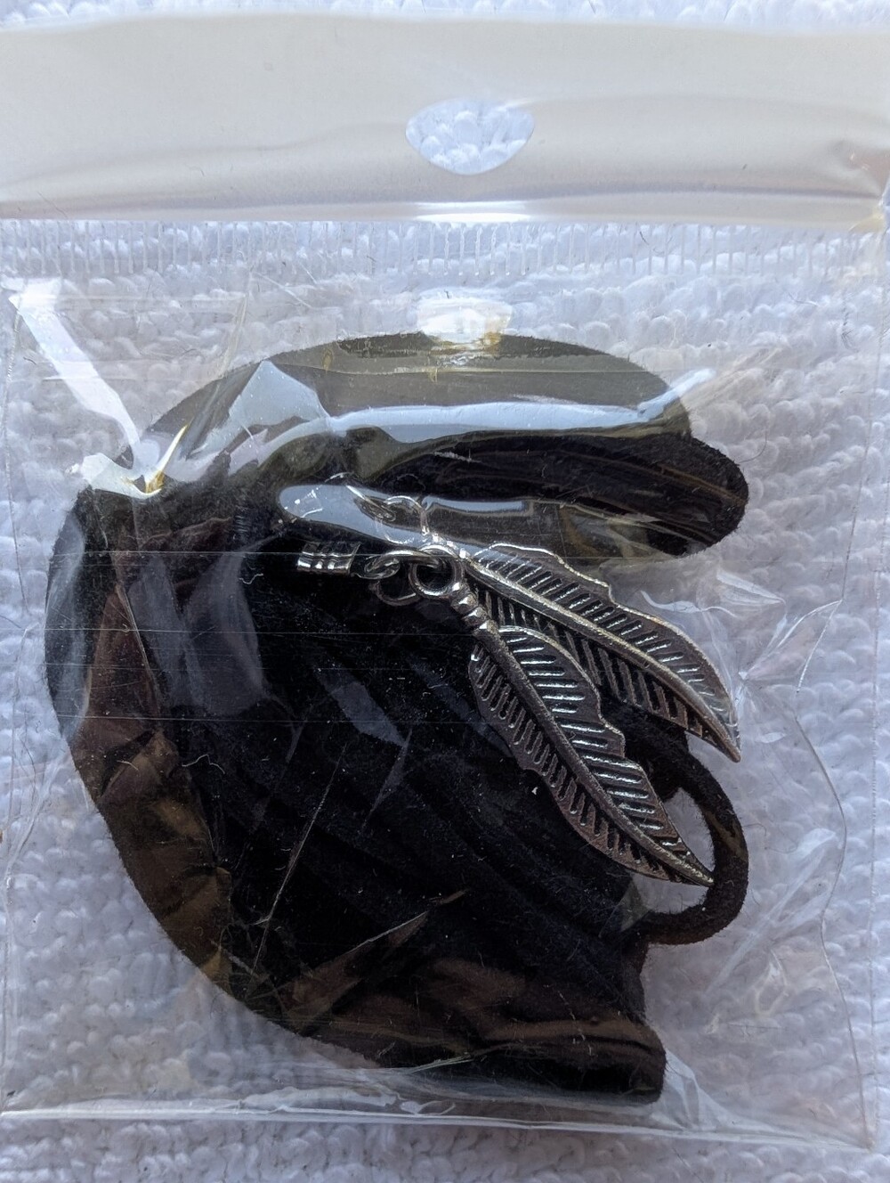Black Wrap Choker Necklace with Silver Feather Pendants - Picture 2 of 4